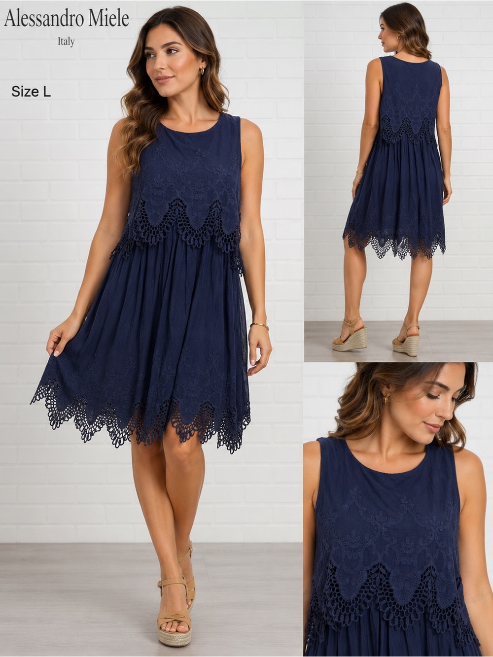 Alessandro Miele Italy Navy Blue Lace Boho romantic feminine Sleeveless Dress/ L